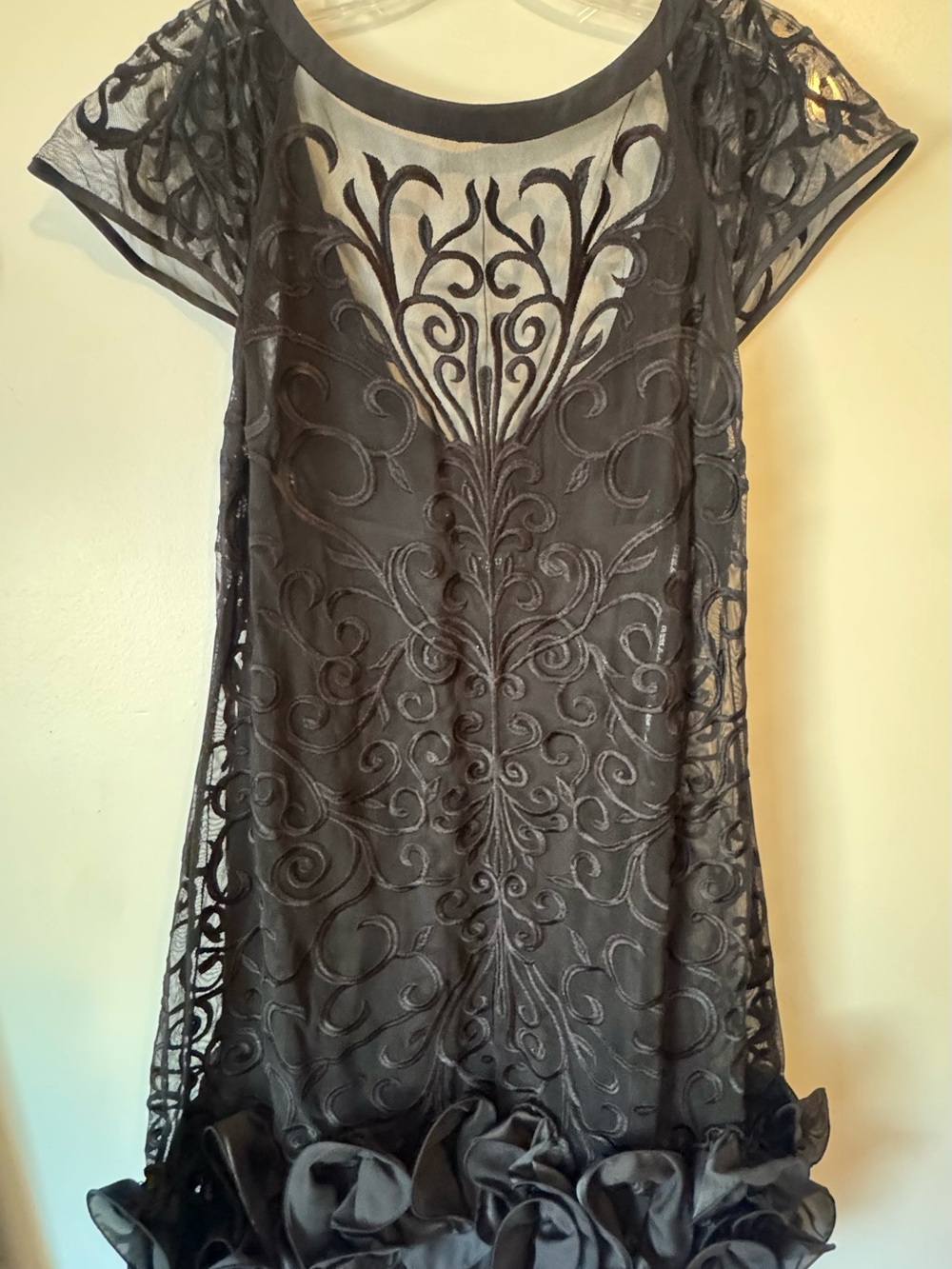 Black Embroidered Mesh Women’s Dress with Rosette Hem